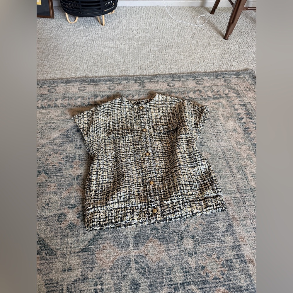 Zara collection black gold sequin tweed button down short sleeve blouse XS S - Picture 7 of 10